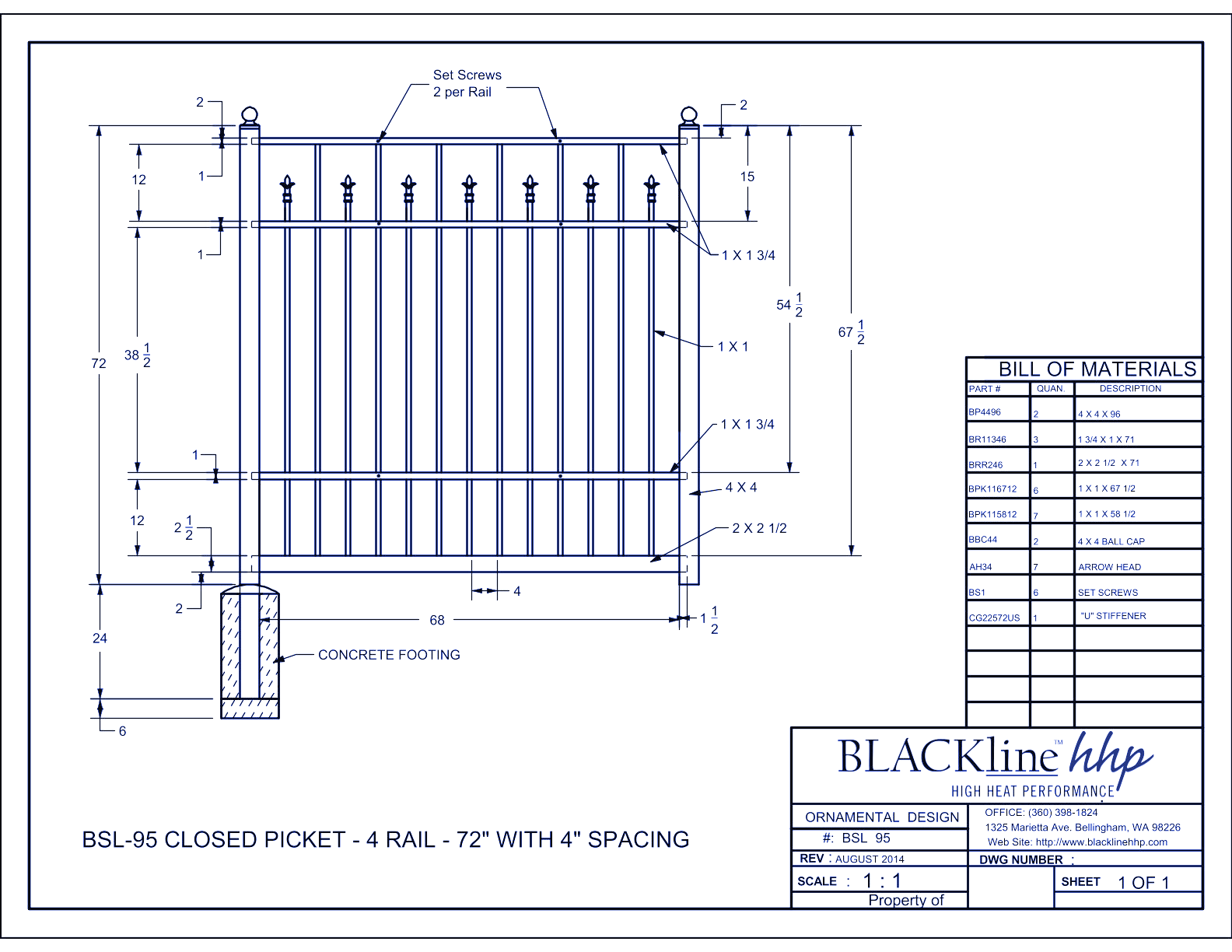 BSL-95: Closed Picket - 4 Rail - 72" with 4" Spacing