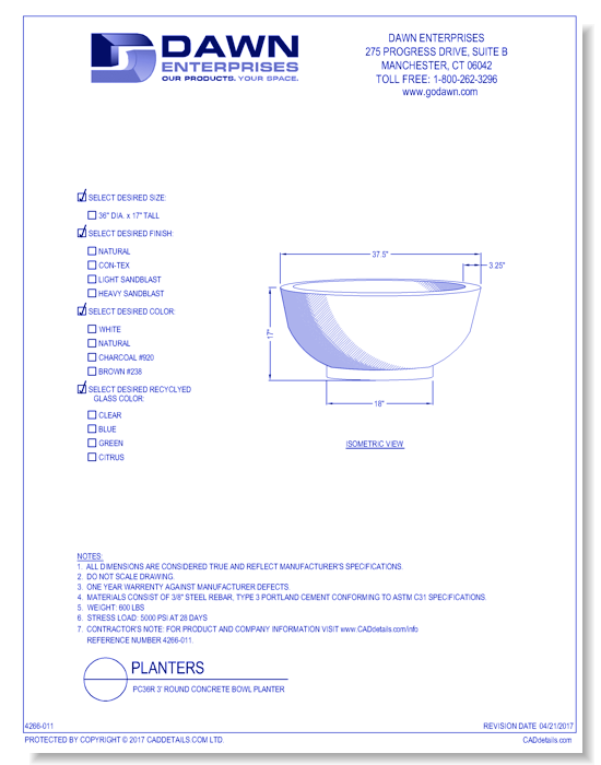 PC36R: 3' Round Concrete Bowl Planter