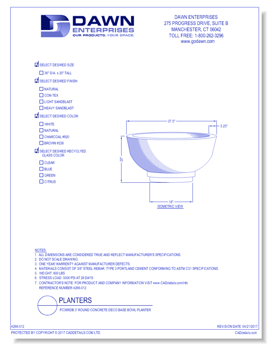 PC36RDB: 3' Round Concrete Deco Base Bowl Planter