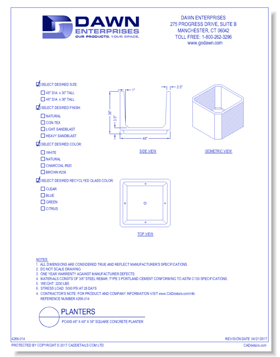 PC48S: 48" x 48" x 36" Square Concrete Planter