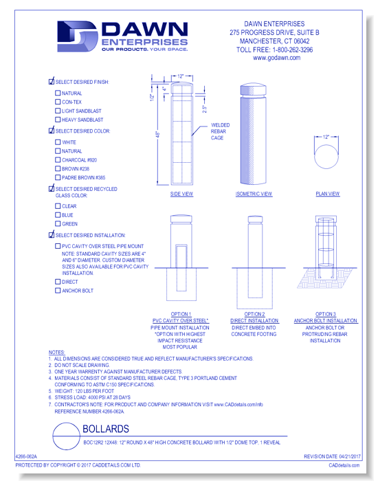 BOC12R2 12x48: 12" Round x 48" High Concrete Bollard with 1/2" Dome Top, 1 Reveal