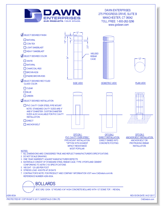 BOC12R2 12x54: 12" Round x 54" High Concrete Bollard with 1/2" Dome Top, 1 Reveal