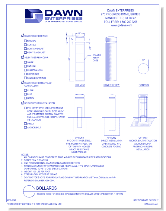 BOC12R2 12x60: 12" Round x 60" High Concrete Bollard with 1/2" Dome Top, 1 Reveal