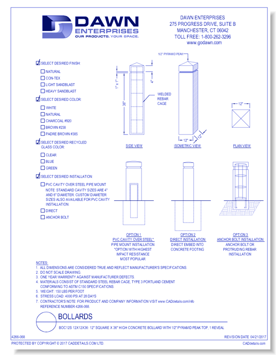 BOC12S 12x12x36: 12" Square x 36" High Concrete Bollard with 1/2" Pyramid Peak Top, 1 Reveal