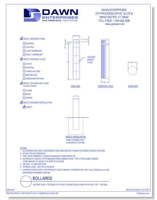 BOC6RF 6x48: 6" Round x 48" High Concrete Bollard with Flat Top, 1 Reveal