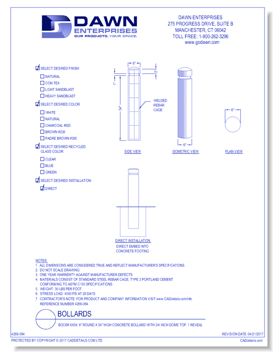BOC6R 6x54: 6" Round x 54" High Concrete Bollard with 3/4 Inch Dome Top, 1 Reveal
