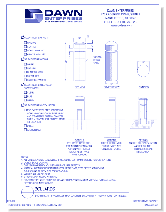 BOC18R 18x36: 18" Round x 36" High Concrete Bollard with 1 1/2 Inch Dome Top, 1 Reveal