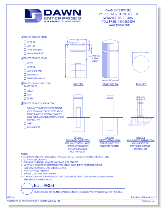 BOC24R 24x36: 24" Round x 36" High Concrete Bollard with 1/2 Inch Dome Top, 1 Reveal