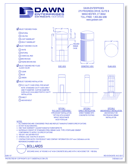 BOC24RD 24x42: 24" Round x 42" High Concrete Bollard with 3 Inch Dome Top, 1 Reveal
