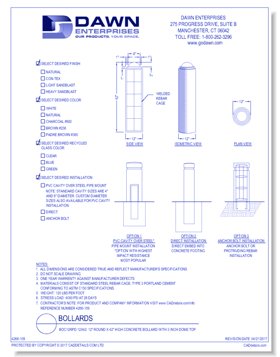 BOC12RPD 12x42: 12" Round x 42" High Concrete Bollard with Pedestal Dome Top