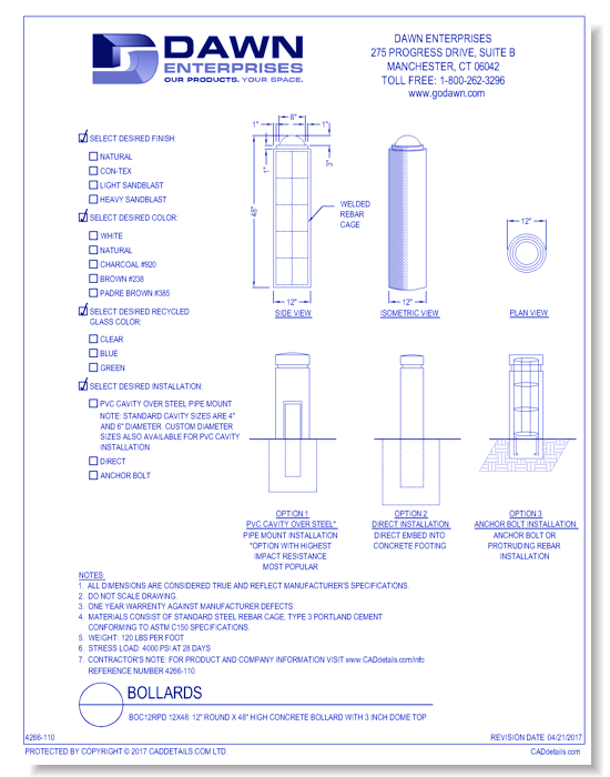 BOC12RPD 12x48: 12" Round x 48" High Concrete Bollard with Pedestal Dome Top