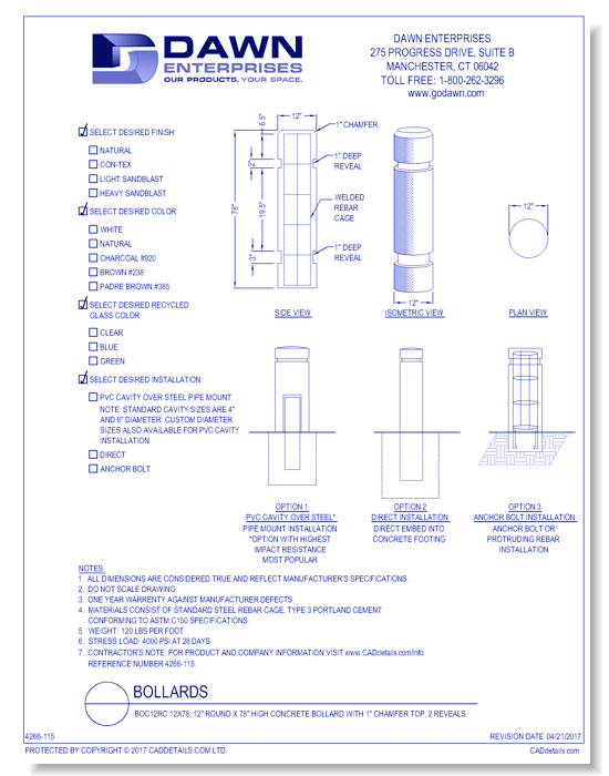 BOC12RC 12x78: 12" Round x 78" High Concrete Bollard with 1" Chamfer Top, 2 Reveals