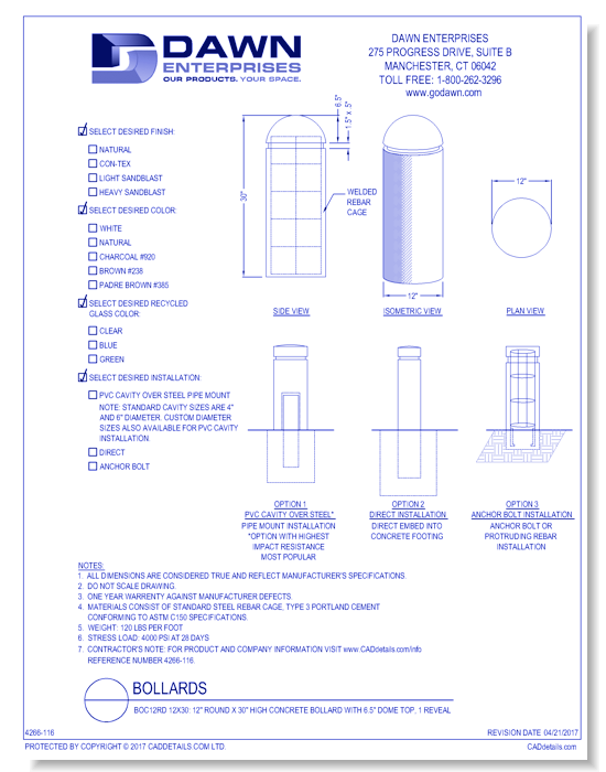 BOC12RD 12x30: 12" Round x 30" High Concrete Bollard with 6.5" Dome Top, 1 Reveal
