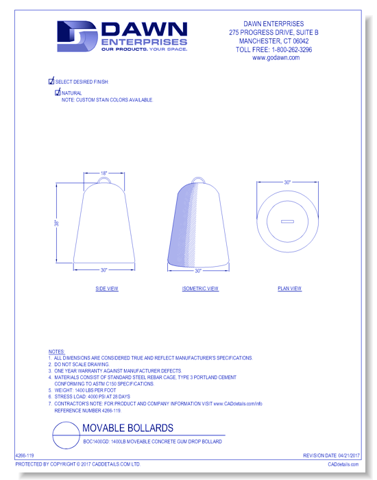 BOC1400GD: 1400LB Moveable Concrete Gum Drop Bollard