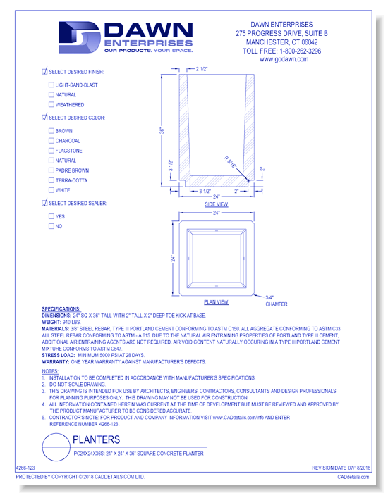 PC24x24x36S: 24” x 24” x 36” Square Concrete Planter