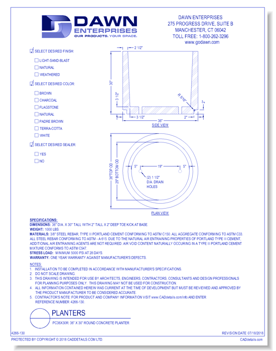 PC36x30R: 36” x 30” Round Concrete Planter