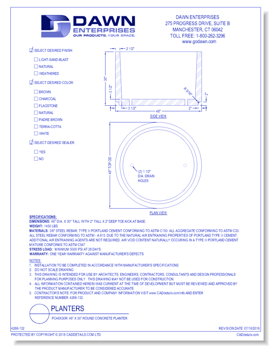 PC48x30R: 48” x 30” Round Concrete Planter