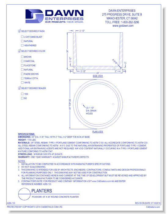 PC48x36R: 48” x 36” Round Concrete Planter
