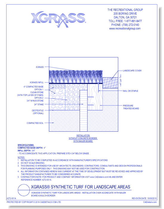 XGrass® Synthetic Turf for Landscape Areas - Installation over Aggregate with Nailer Board & Mulch Border