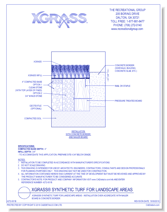 XGrass® Synthetic Turf for Landscape Areas - Installation over Aggregate with Nailer Board & Concrete Border