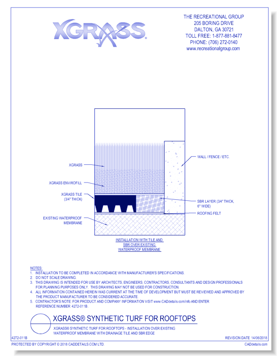 XGrass® Synthetic Turf for Rooftops - Installation over Existing Waterproof Membrane with Drainage Tile and SBR Edge