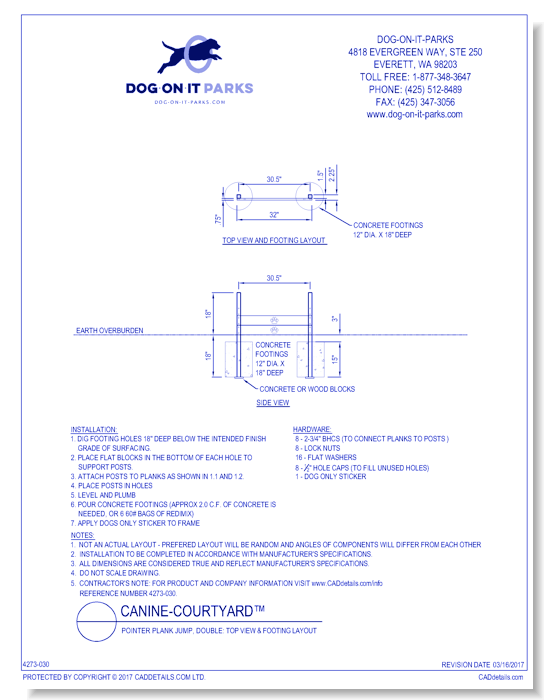 Pointer Plank Jump, Double: Top View & Footing Layout