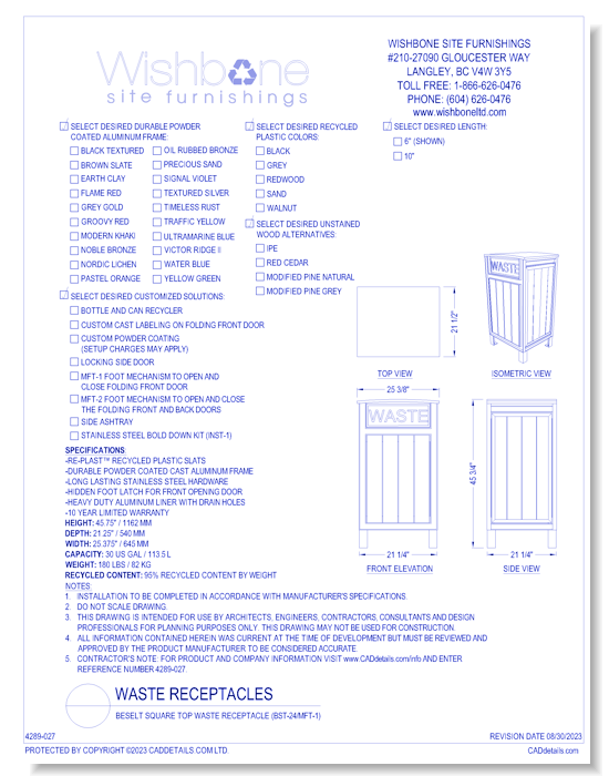 Beselt Square Top Waste Receptacle ( BST-24/MFT-1 )