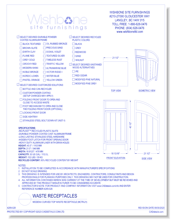 Modena Curved Top Waste Receptacle ( MCTR-21 )