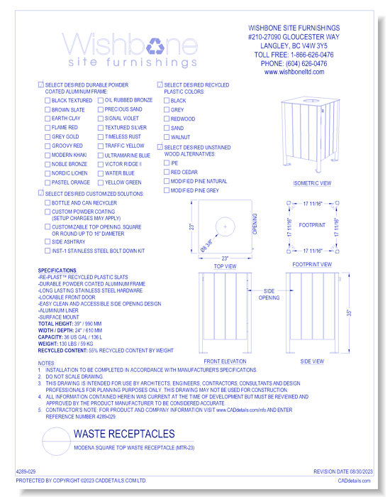 Modena Square Top Waste Receptacle ( MTR-23 )                