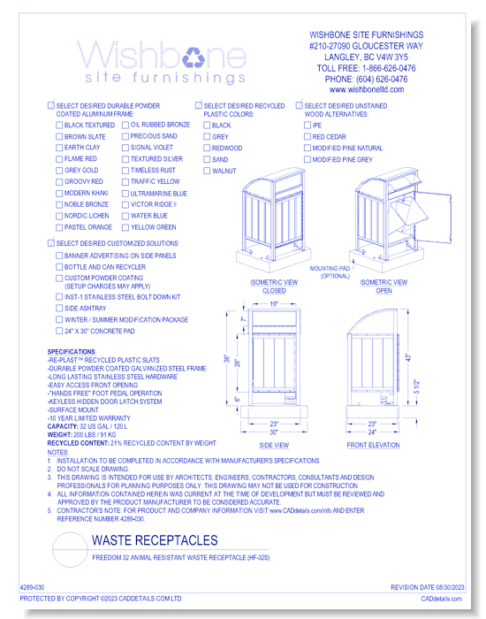 Freedom 32 Animal Resistant Waste Receptacle ( HF-32S )     