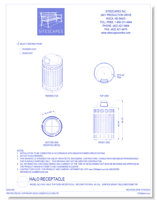 Model HL2-1003: Halo Top Open Receptacle - Decorative Ring, 40 Gal., Surface Mount, Enclosed Dome Top