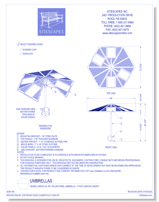 Model UM3091-AL-SP: Solar Panel Umbrella - 7 Foot Length Canopy