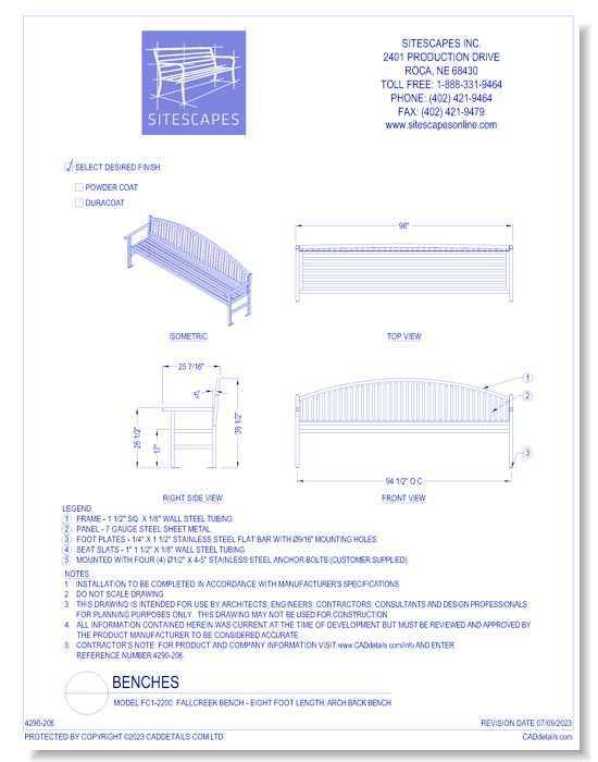 Model FC1-2200: FallCreek Bench - Eight Foot Length, Arch Back Bench