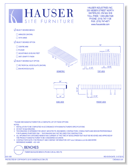 Timber Backless Bench (PS-860-CUR-AL-WD3-79)