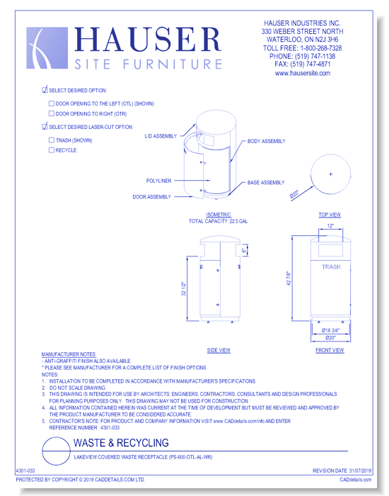Lakeview Covered Waste Receptacle (PS-800-OTL-AL-WR)