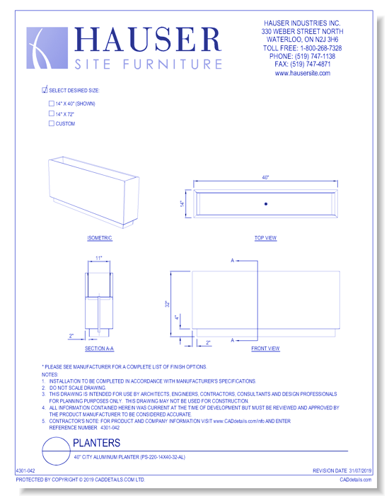 40'' City Aluminum Planter (PS-220-14x40-32-AL)
