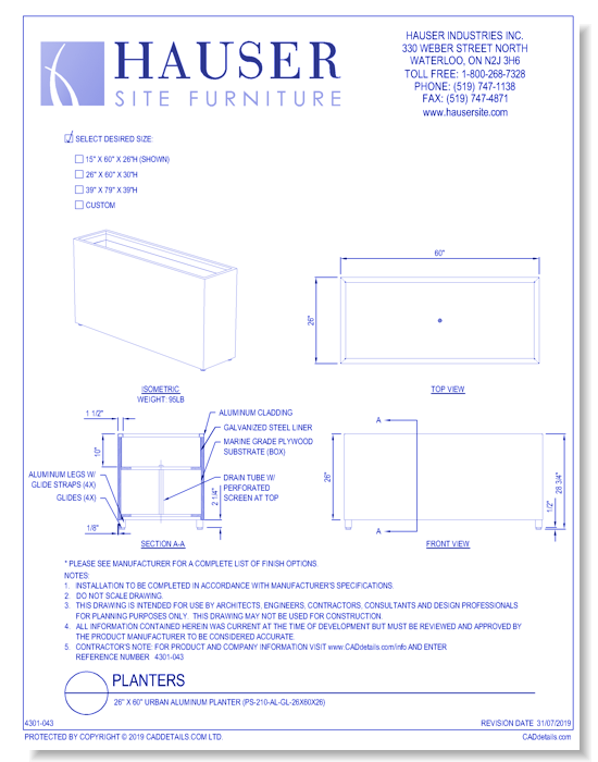 26'' x 60'' Urban Aluminum Planter (PS-210-AL-GL-26x60x26)