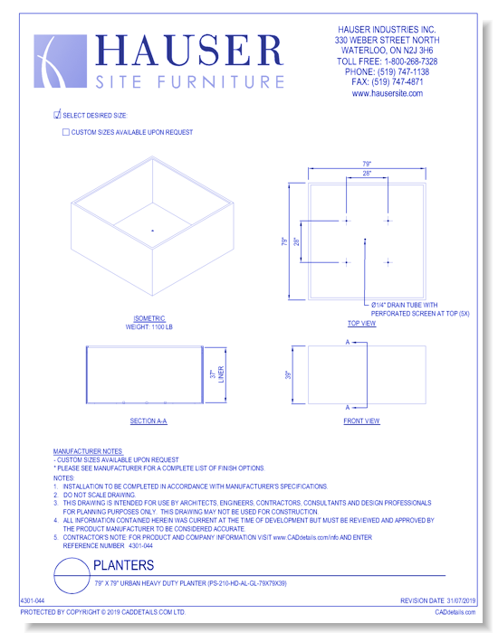 79'' x 79'' Urban Heavy Duty Planter (PS-210-HD-AL-GL-79x79x39)