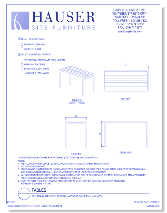 Skyline Bar Table With Tropical Hardwood Slats (PS-1010-AL-WD3)