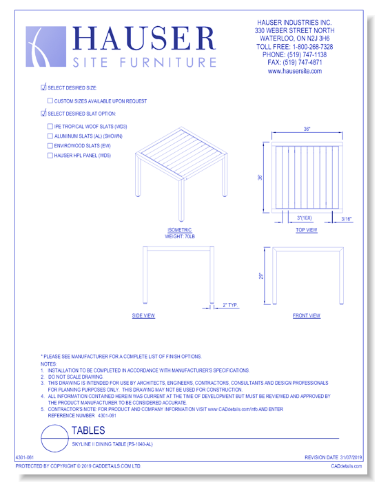 Skyline ll Dining Table (PS-1040-AL)