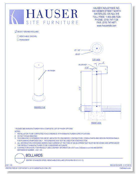 Sentry Stainless Steel Removable Bollard (PS-82-RM-SS 8.5 x 31.5)