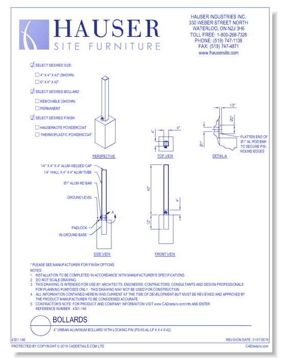 4'' Urban Aluminum Bollard With Locking Pin (PS-85-AL-LP 4 x 4 x 42)