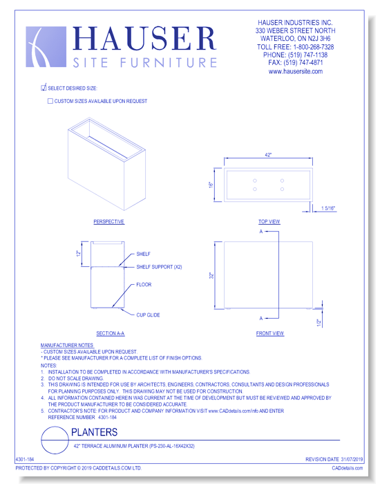 42'' Terrace Aluminum Planter (PS-230-AL-16x42x32)