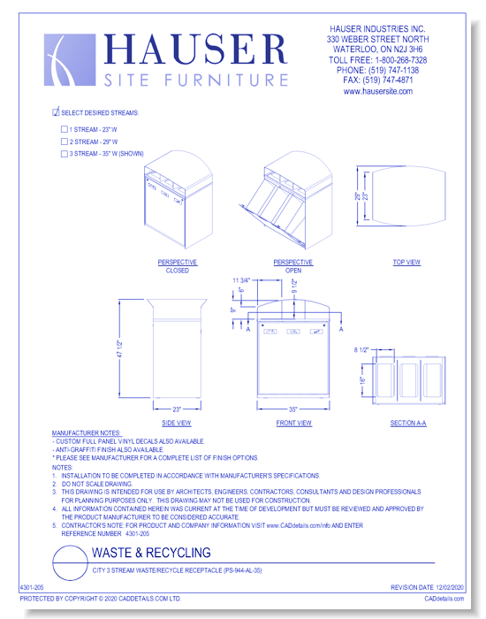City 3 Stream Waste/Recycle Receptacle (PS-944-AL-35)