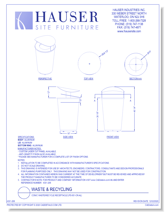 Conic Waste/Recycle Receptacle (PS-951-CR-AL)