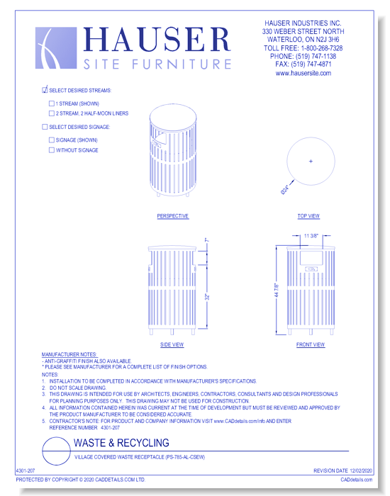 Village Covered Waste Receptacle (PS-785-AL-CSEW)