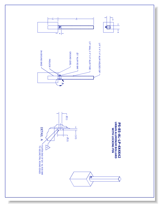 4'' Urban Aluminum Bollard With Locking Pin (PS-85-AL-LP 4 x 4 x 42)