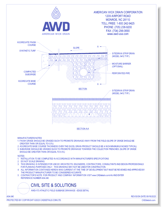 AWD-173 Athletic Field Subbase Drainage - Edge Detail