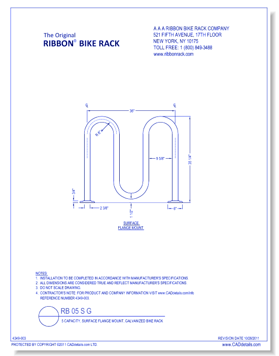 RB 05 S G: 5 Capacity, Surface Flange Mount, Galvanized Bike Rack