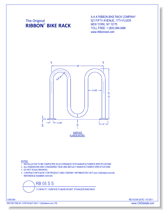 RB 05 S S: 5 Capacity, Surface Flange Mount, Stainless Steel Bike Rack